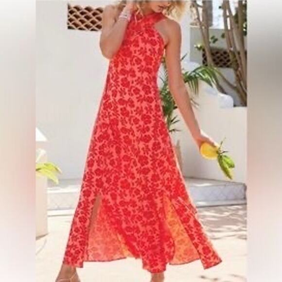 Soft Surroundings Red Floral Criss Cross Halter Maxi Dress women's size large - Picture 1 of 13